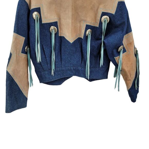 Vtg 80s Rare Denin Western Rodeo Jacket Sz S Cowgirl Chic Conchos Fringe Funky - Picture 11 of 14